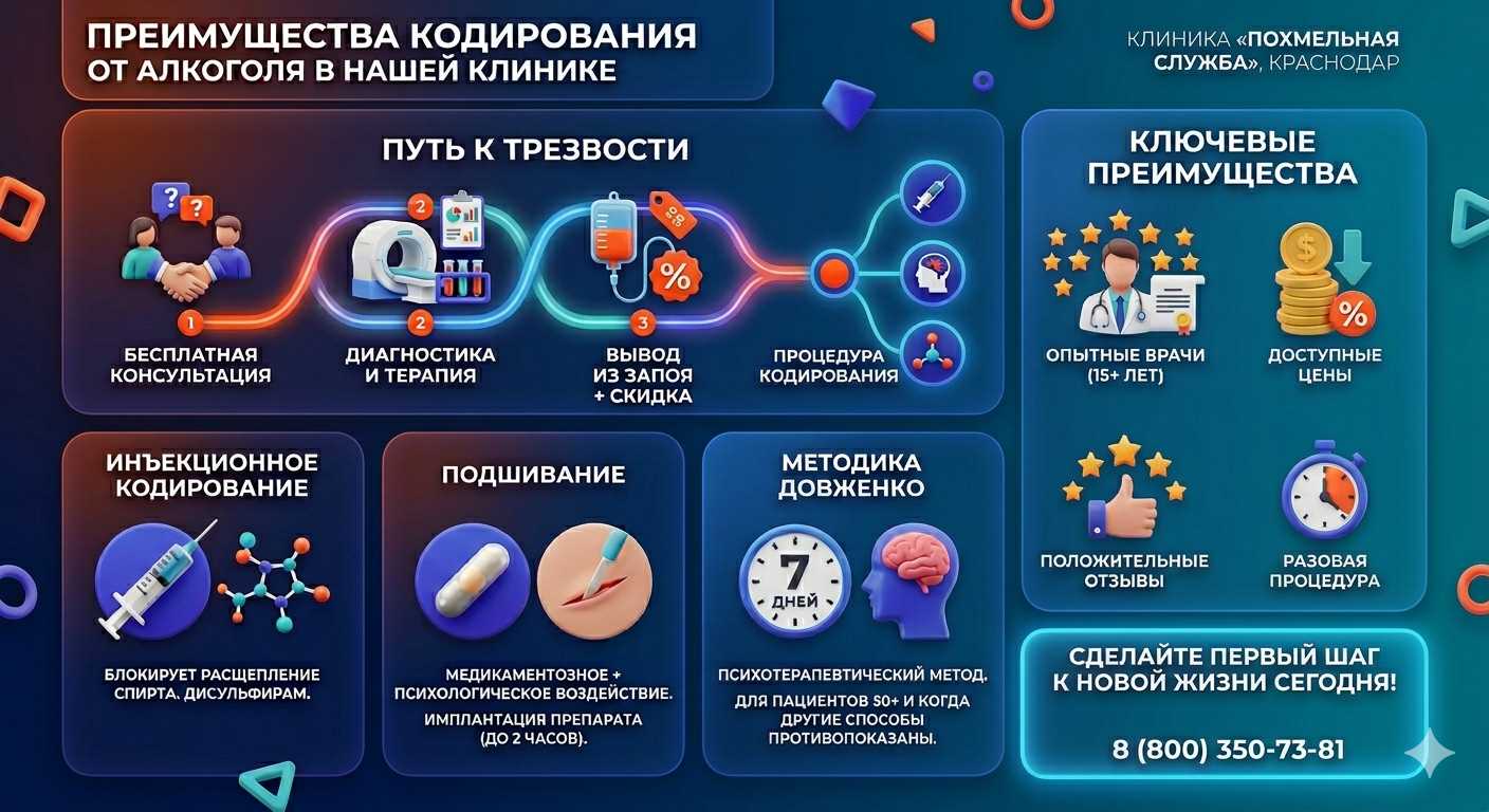 Инфографика о методах кодирования от алкоголя в Михнево: инъекции, подшивание, метод Довженко. Преимущества клиники и этапы лечения.