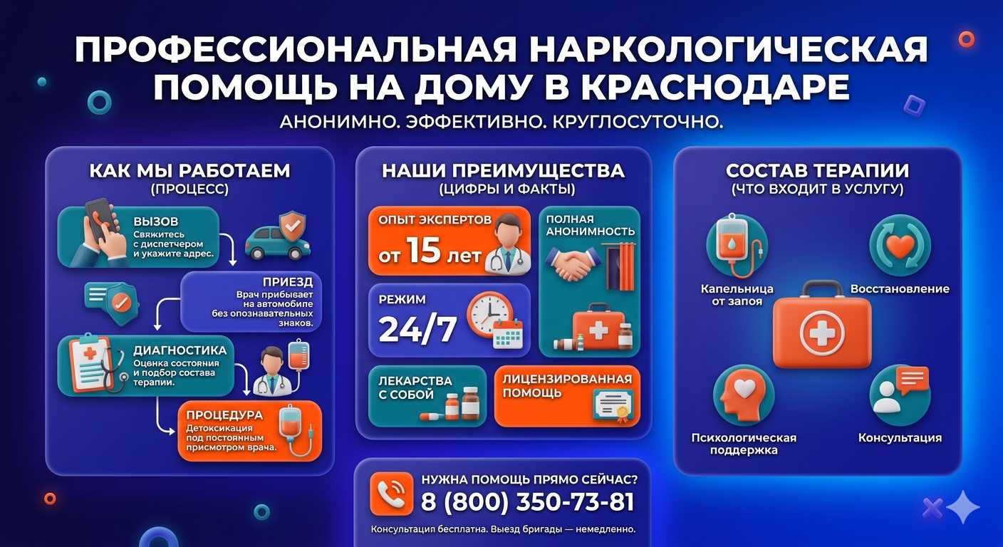 Инфографика о принципах лечения алкоголизма на дому в Михнево: этапы вызова нарколога, преимущества анонимной детоксикации и состав медицинской помощи.